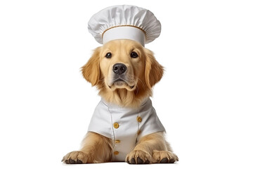 Cute dog Golden retriever Chef with costume ready to cooking for dinner isolated on clear png background, funny moment, pet concept, with Generative Ai.