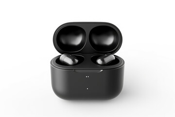 Wireless black bluetooth earphones with contactless charging isolated on a white background front view