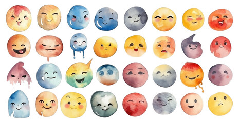 Collection of emoticons, smiley faces painted with watercolor. Set isolated on transparent white background - obrazy, fototapety, plakaty