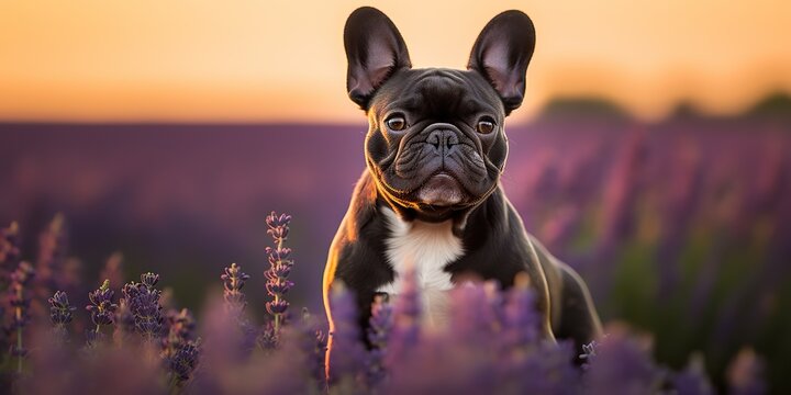 AI Generated. AI Generative. Frenchie french bulldog dog cute face portrait at lavender field countryside outdoor nature friend pet view