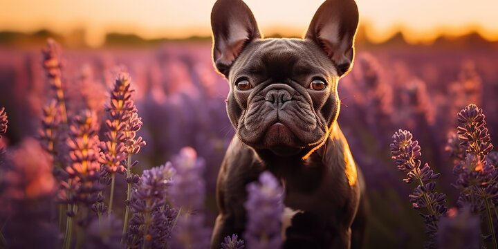 AI Generated. AI Generative. Frenchie french bulldog dog cute face portrait at lavender field countryside outdoor nature friend pet view