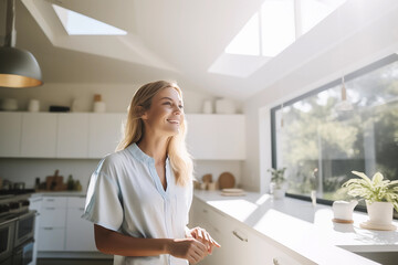 Cheerful young woman standing in modern white kitchen at home. Generative AI