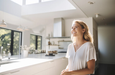 Beautiful young woman smiling and looking away while standing in kitchen at home, modern white interior, sunny day. Generative AI