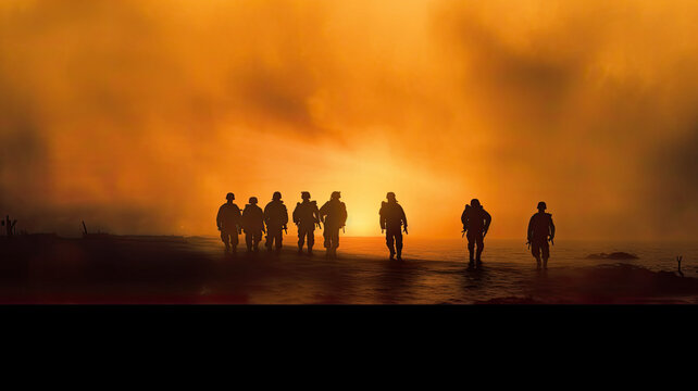 portrait photograph of Silhouettes of army soldiers in the fog against a sunset,