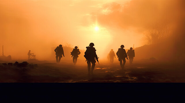 portrait photograph of Silhouettes of army soldiers in the fog against a sunset,