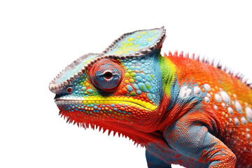 Fototapeta premium Abstract of lizard chameleon portrait isolated on white background with multi colored colorful on skin body and scales paint, reptile animal, Vibrant bright, with Generative AI.