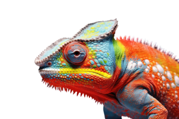Abstract of lizard chameleon portrait isolated on white background with multi colored colorful on skin body and scales paint, reptile animal, Vibrant bright, with Generative AI.