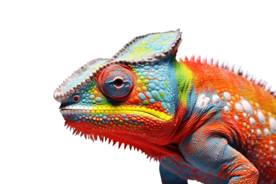 Abstract of lizard chameleon portrait isolated on white background with multi colored colorful on skin body and scales paint, reptile animal, Vibrant bright, with Generative AI.