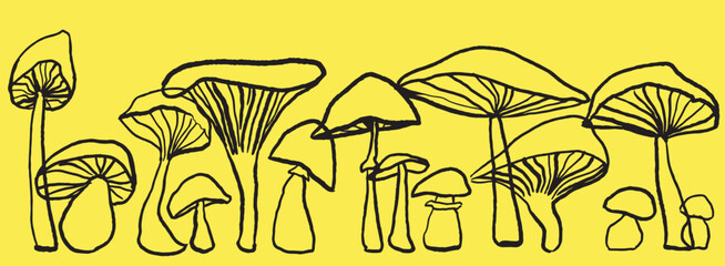 Hand drawn mushrooms silhouette on yellow background. Vector EPS 10 vector