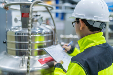Asian engineer working at Operating hall,Thailand people wear helmet  work,He worked with diligence...