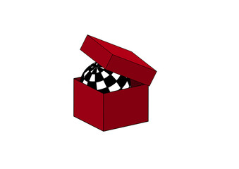  rote box als verpackung mit halb geöffnetem deckel enthält eine schwarz-weiß karierte kugel, 3d