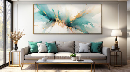 Modern sofa in the room and a large painting on the wall, generative ai.