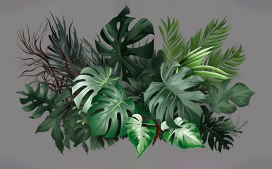 Ornement de feuilles tropicales, décor, feuilles vertes et fond gris