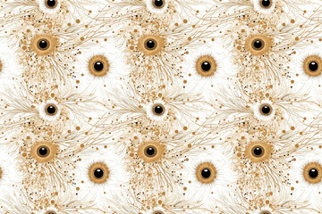 Natural seamless pattern, floral with animal eyes.  Light golden background with organic shapes. Abstract minimalist design.