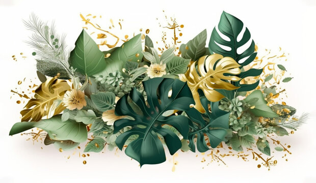 Ornement de feuilles tropicales, décor, feuilles vertes et or et fond blanc