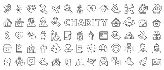 Charity icons set in line design. Donation, Volunteer, Helping, Care, Giving, love, Support, Philanthropy, protection, Charitable organization illustrations. Charity icons vector editable stroke.