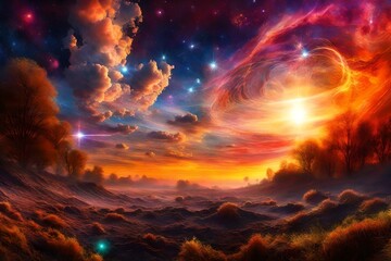 A mind altering hallucinogenic sunrise seen in a multidimensional dreamlike realm,## and visually stimulating ##  transcendent rising quasars and nebulas in the sky. generated by AI tools
