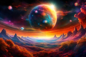A mind altering hallucinogenic sunrise seen in a multidimensional dreamlike realm,## and visually stimulating ##  transcendent rising quasars and nebulas in the sky. generated by AI tools