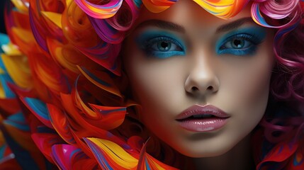 Fototapeta premium Fashion portrait of neon makeup. Generative AI