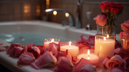 Candles in spa bathtub, relaxing soap suds soak, romantic bath - obrazy, fototapety, plakaty