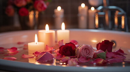 Candles in spa bathtub, relaxing soap suds soak, romantic bath - obrazy, fototapety, plakaty