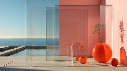  a group of orange balls sitting on top of a floor next to a pool.  generative ai