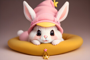 Obraz na płótnie Canvas cute rabbit with a pink ribbon and hat, Generative AI