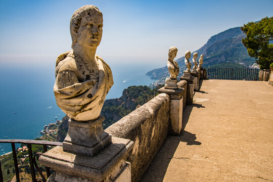 Terrace of Infinity at the gardens of Villa Cimbrone, Ravello, Italy on the Amalfi Coast.