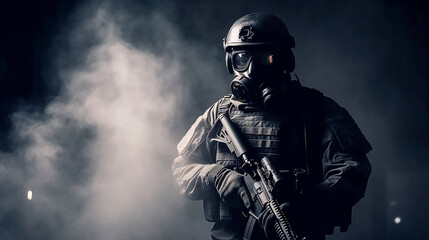 Close-up portrait of a special forces soldier in uniform and gas mask
