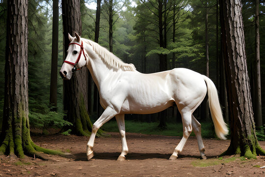 A lovely white horse running free in the woods, AI generated