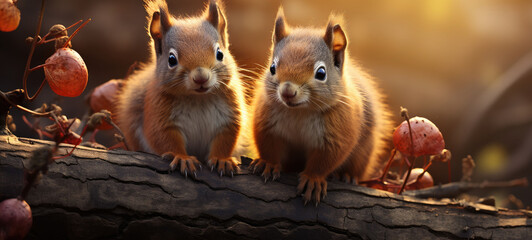cute red squirrels on tree Generative ai - obrazy, fototapety, plakaty