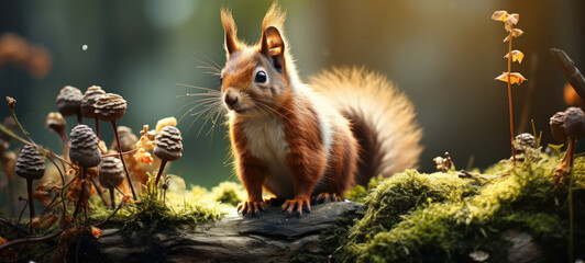 cute red squirrels on tree ,generative ai - obrazy, fototapety, plakaty