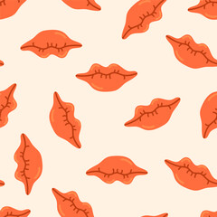 Pink open lips, teeth and tongue in mouth red hearts vector seamless pattern. Love kiss Valentines Day Romantic texture background