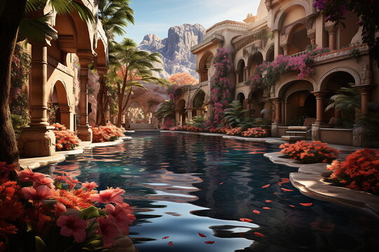 Oasis with surrounding buildings in the desert with beautiful flowers, 1,  ai generated