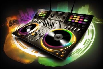 Dj mixer in digital color background with lights and bokeh