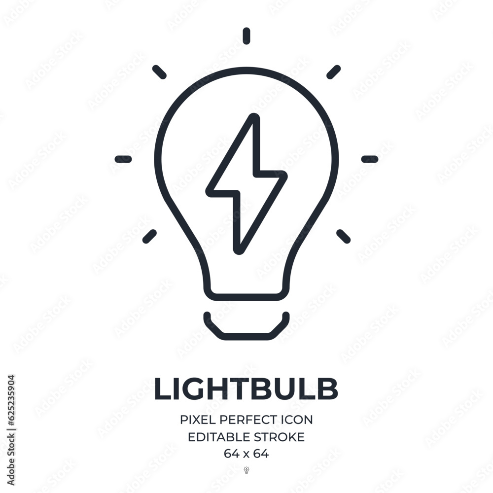 Wall mural light bulb with lightning editable stroke outline icon isolated on white background flat vector illu