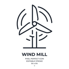 Wind mill turbine editable stroke outline icon isolated on white background flat vector illustration. Pixel perfect. 64 x 64. © lanastace