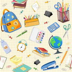 Vector children's seamless pattern with school supplies on a white checkered background. Perfect for baby prints, covers, textiles, wallpapers, wrapping paper, scrapbooking.