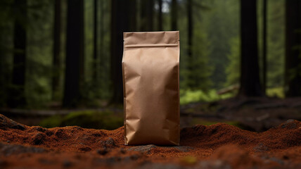 kraft brown pouch mockup on a forest log made with generative ai