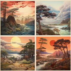 Asian landscape on a picture with separated parts with hills and atmospheric sky, 2,  ai generated