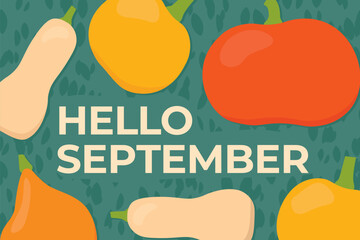 hello september text and pumpkins- vector illustration - obrazy, fototapety, plakaty