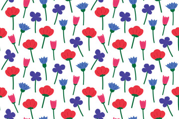 summer flowers seamless pattern with poppies, pansies, cornflowers - vector illustration