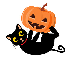 Black cat and halloween pumpkin . Cartoon character . Vector illustration .