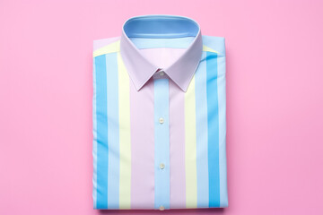 Blue fold shirt on pink old rose background. Generative AI.