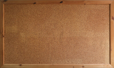 A frontal photo of a cork board with a wooden frame 