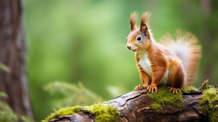 Naklejka na ściany i meble The Eurasian red squirrel (Sciurus vulgaris) in its natural habitat in the forest. Generative AI