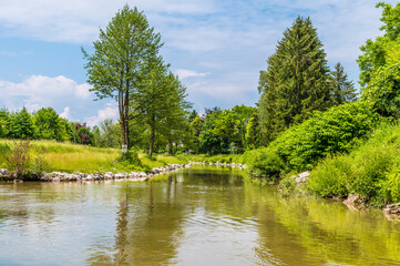 Fototapeta na wymiar A view down a tributary on the Ljubljanica River on the outskirts of Ljubljana, Slovenia in summertime