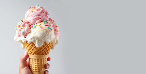 Colorful ice cream in hand close-up on light banner background with copy space. Generative AI	