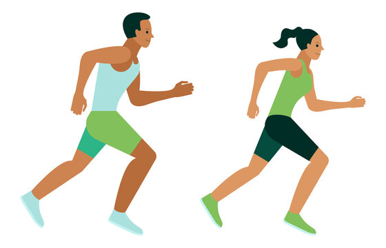 Png illustration  in simple flat style and characters - man and woman running in the park - sport poster and banner - healthy life style concept