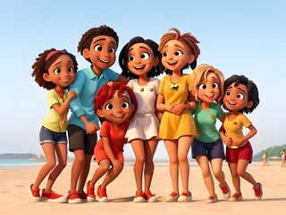 Obraz premium group of people on beach,group of children playing,friendship day celebration,Life style concept with guys and girls hanging out on summer